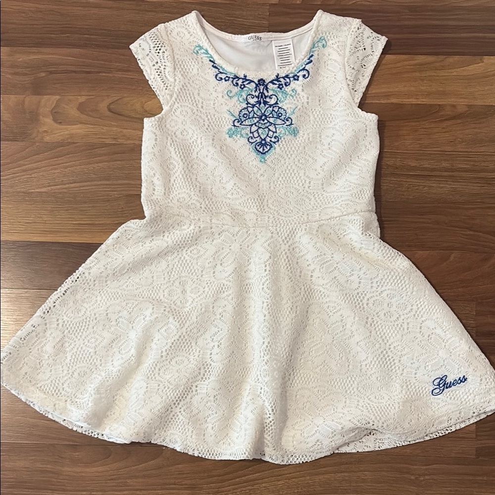 Guess White Fit and Flare Dress with Blue Embroidery